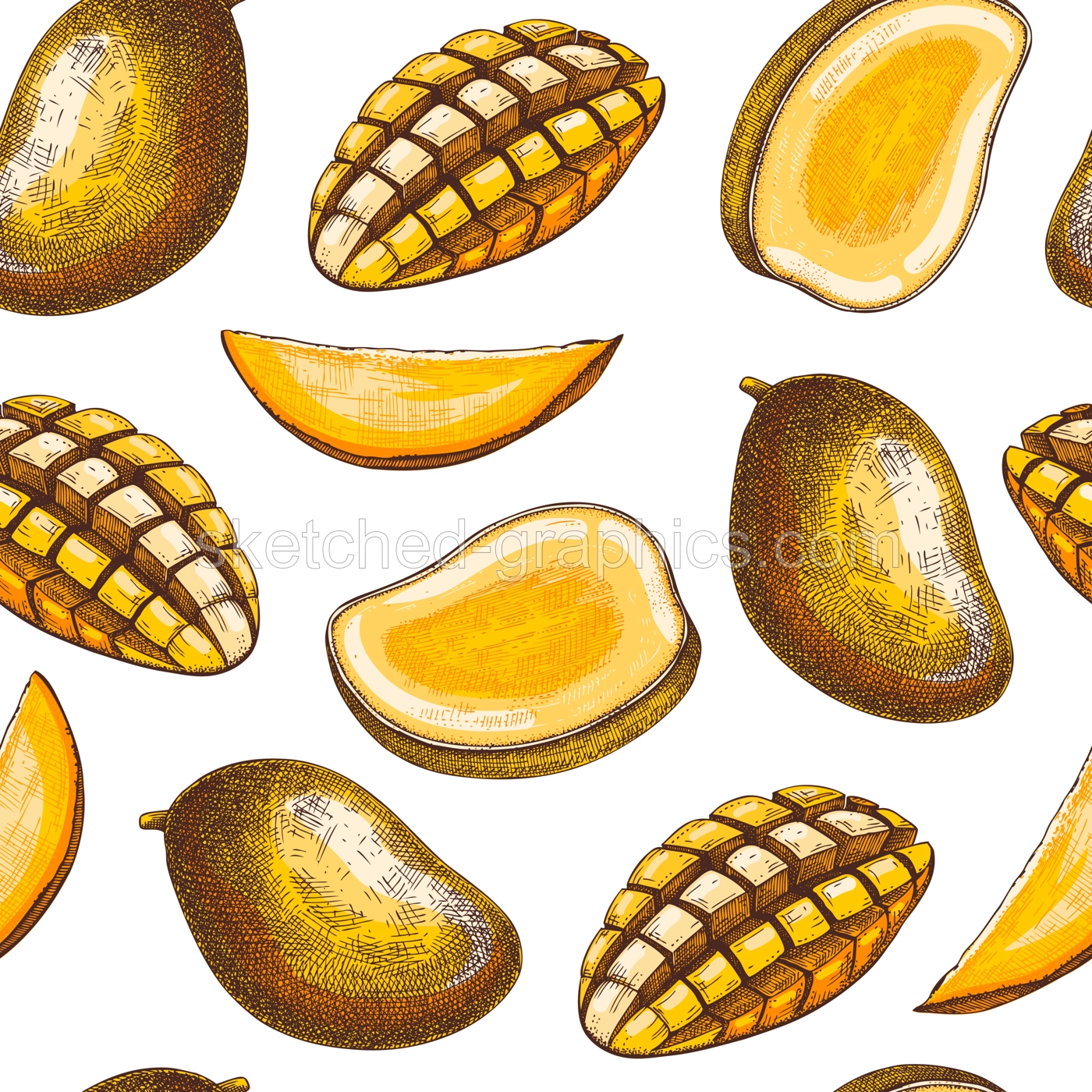 Tropical fruit seamless pattern. Ripe mango sketch. Hand-drawn vector illustration. Exotic plant background, texture, textile design. NOT AI generated Illustration